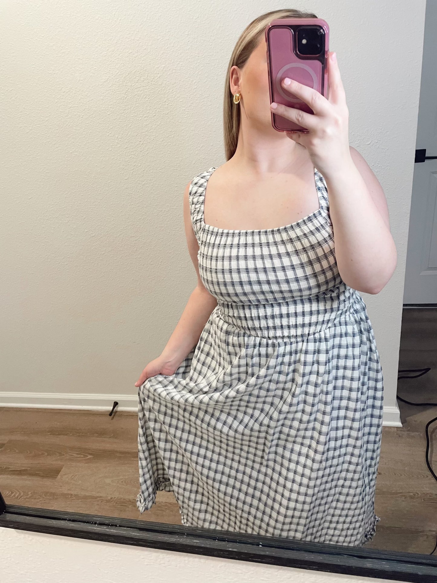 Navy Checkered Midi Dress