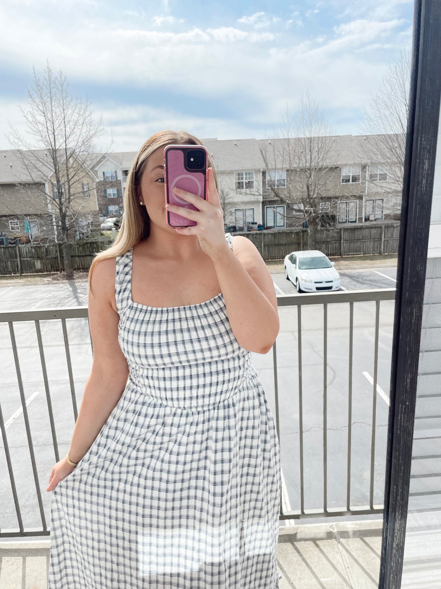 Navy Checkered Midi Dress