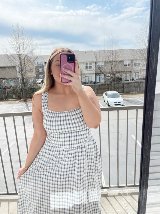 Navy Checkered Midi Dress